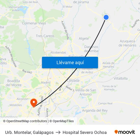 Urb. Montelar, Galápagos to Hospital Severo Ochoa map