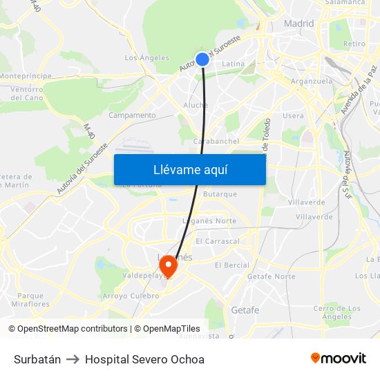 Surbatán to Hospital Severo Ochoa map