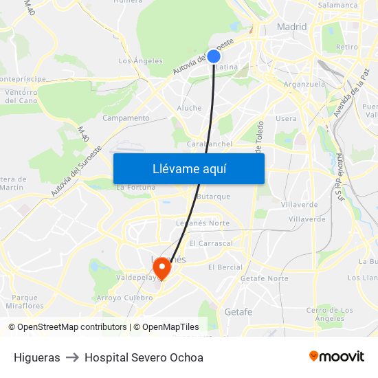 Higueras to Hospital Severo Ochoa map