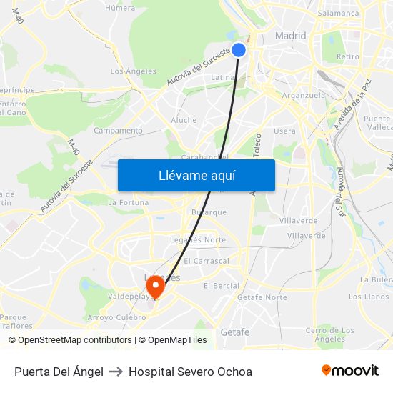 Puerta Del Ángel to Hospital Severo Ochoa map