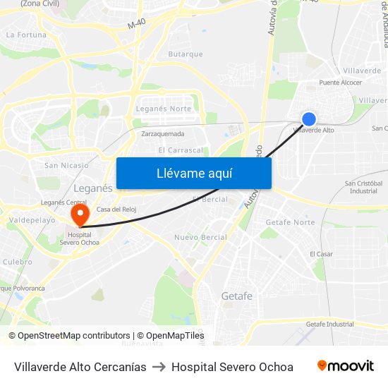 Villaverde Alto Cercanías to Hospital Severo Ochoa map