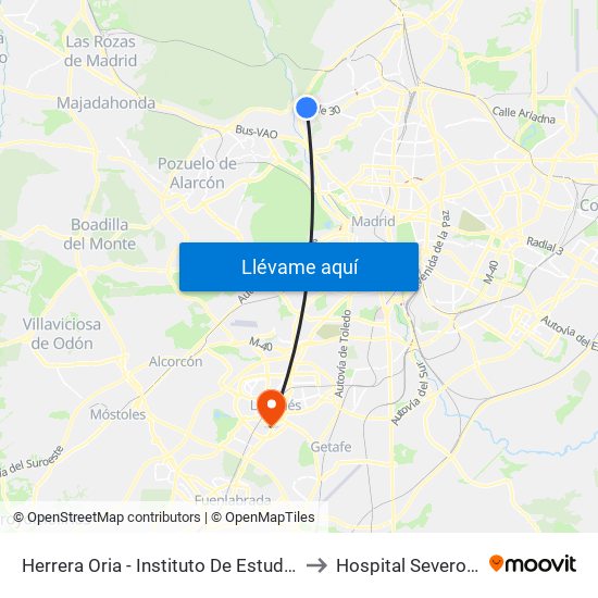 Herrera Oria - Instituto De Estudios Fiscales to Hospital Severo Ochoa map
