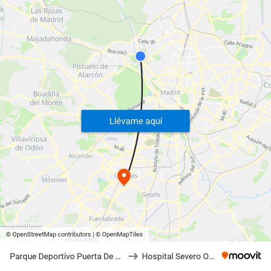 Parque Deportivo Puerta De Hierro to Hospital Severo Ochoa map