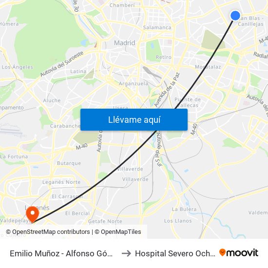 Emilio Muñoz - Alfonso Gómez to Hospital Severo Ochoa map