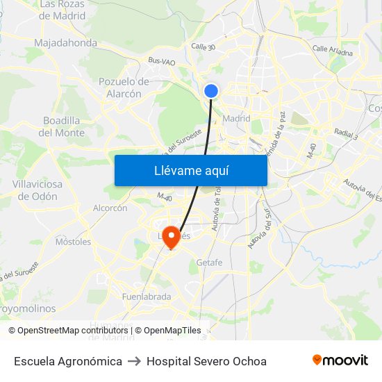 Escuela Agronómica to Hospital Severo Ochoa map