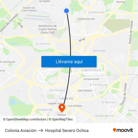 Colonia Aviación to Hospital Severo Ochoa map