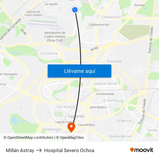 Millán Astray to Hospital Severo Ochoa map