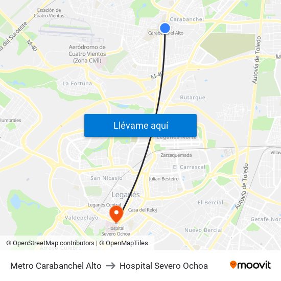 Metro Carabanchel Alto to Hospital Severo Ochoa map
