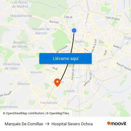 Marqués De Comillas to Hospital Severo Ochoa map