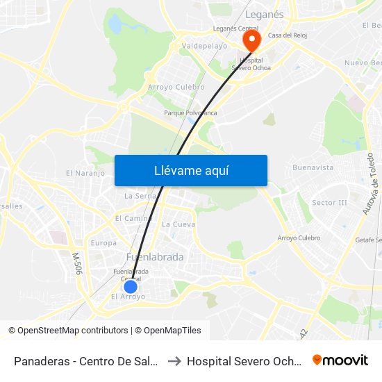 Panaderas - Centro De Salud to Hospital Severo Ochoa map