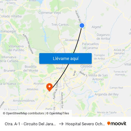 Ctra. A-1 - Circuito Del Jarama to Hospital Severo Ochoa map