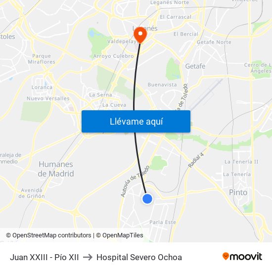 Juan XXIII - Pío XII to Hospital Severo Ochoa map