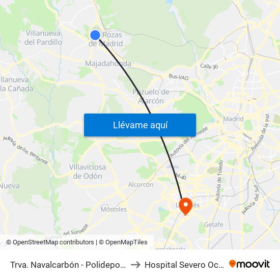 Trva. Navalcarbón - Polideportivo to Hospital Severo Ochoa map