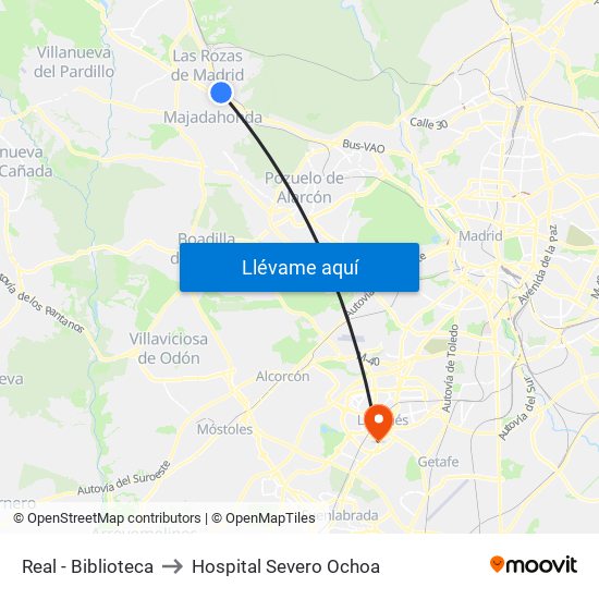 Real - Biblioteca to Hospital Severo Ochoa map