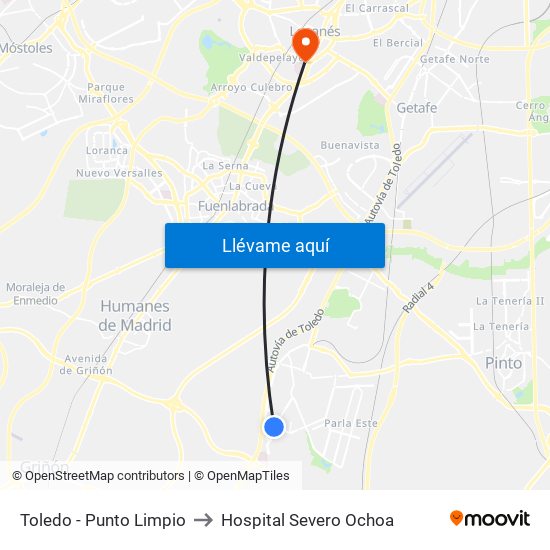 Toledo - Punto Limpio to Hospital Severo Ochoa map