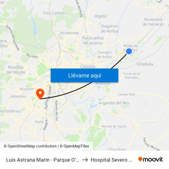 Luis Astrana Marín - Parque O'Donnell to Hospital Severo Ochoa map