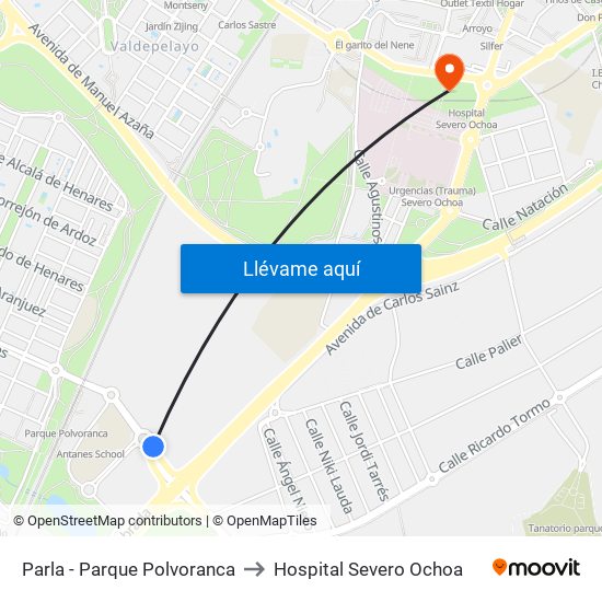 Parla - Parque Polvoranca to Hospital Severo Ochoa map