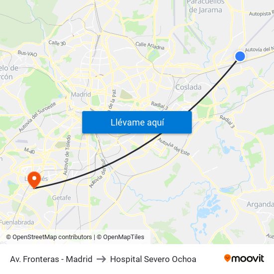 Av. Fronteras - Madrid to Hospital Severo Ochoa map