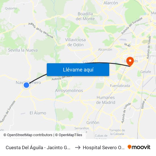 Cuesta Del Águila - Jacinto González to Hospital Severo Ochoa map