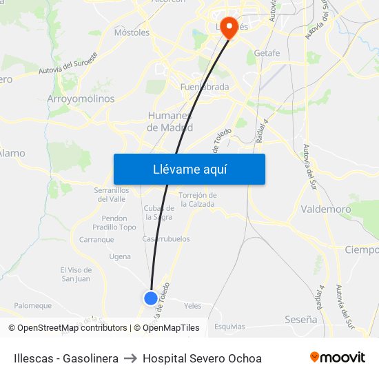 Illescas - Gasolinera to Hospital Severo Ochoa map