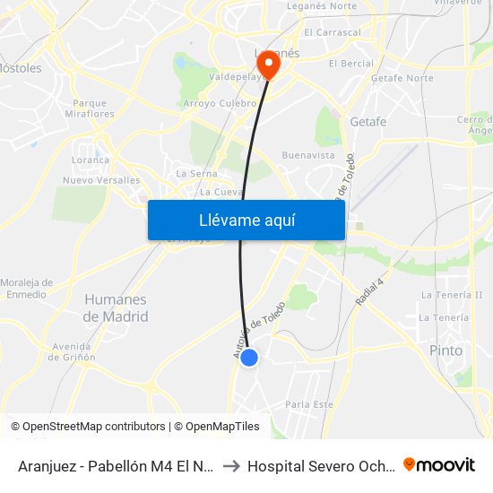 Aranjuez - Pabellón M4 El Nido to Hospital Severo Ochoa map