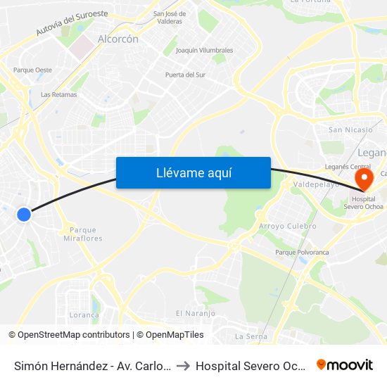 Simón Hernández - Av. Carlos V to Hospital Severo Ochoa map