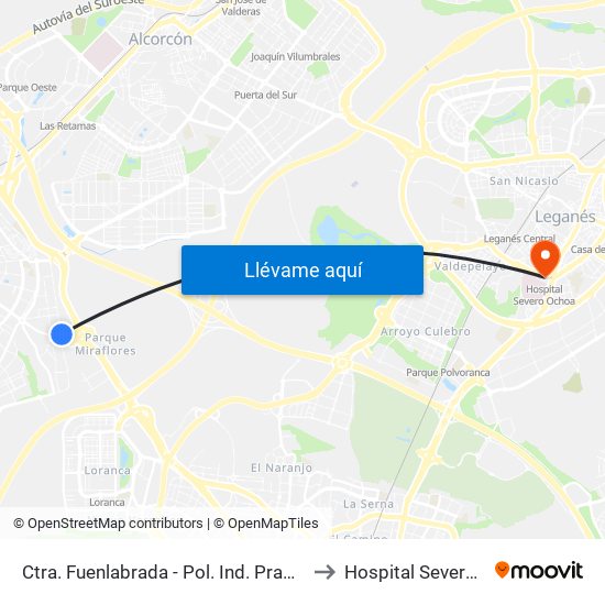 Ctra. Fuenlabrada - Pol. Ind. Prado Regordoño to Hospital Severo Ochoa map