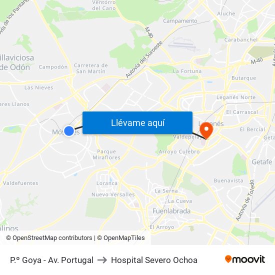 P.º Goya - Av. Portugal to Hospital Severo Ochoa map