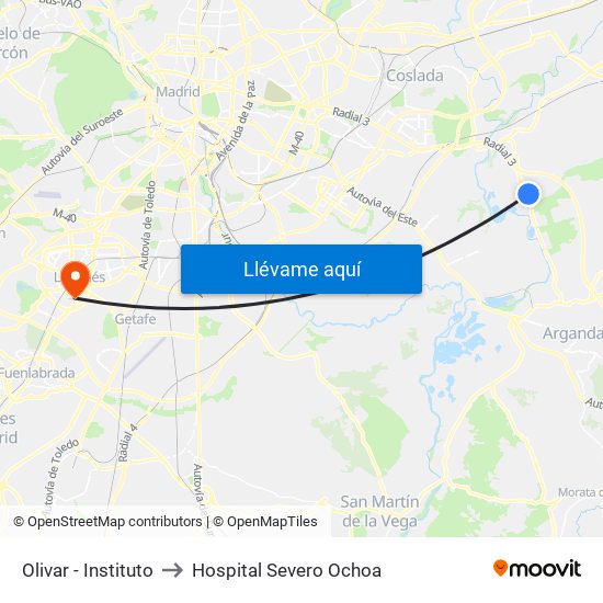 Olivar - Instituto to Hospital Severo Ochoa map