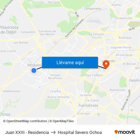 Juan XXIII - Residencia to Hospital Severo Ochoa map
