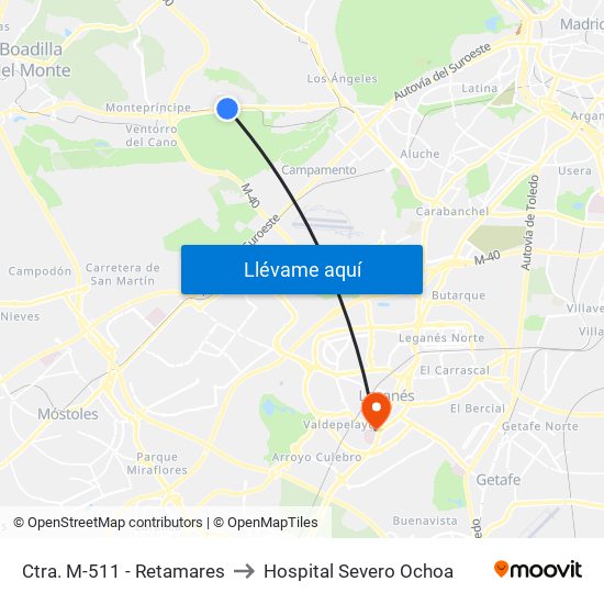Ctra. M-511 - Retamares to Hospital Severo Ochoa map