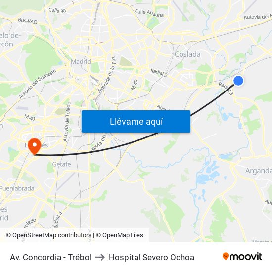 Av. Concordia - Trébol to Hospital Severo Ochoa map