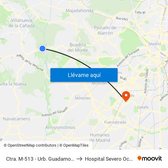 Ctra. M-513 - Urb. Guadamonte to Hospital Severo Ochoa map