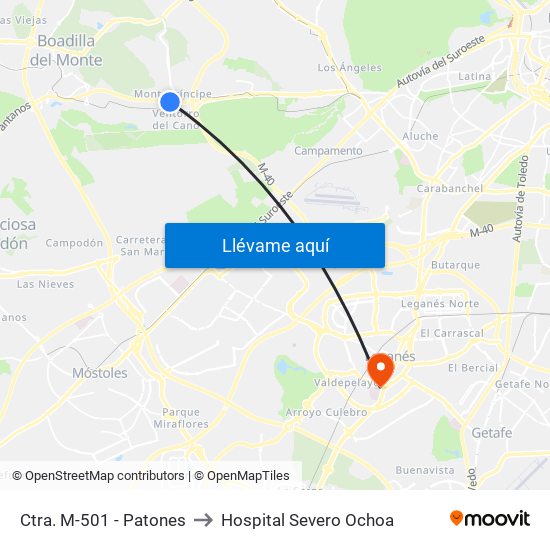 Ctra. M-501 - Patones to Hospital Severo Ochoa map