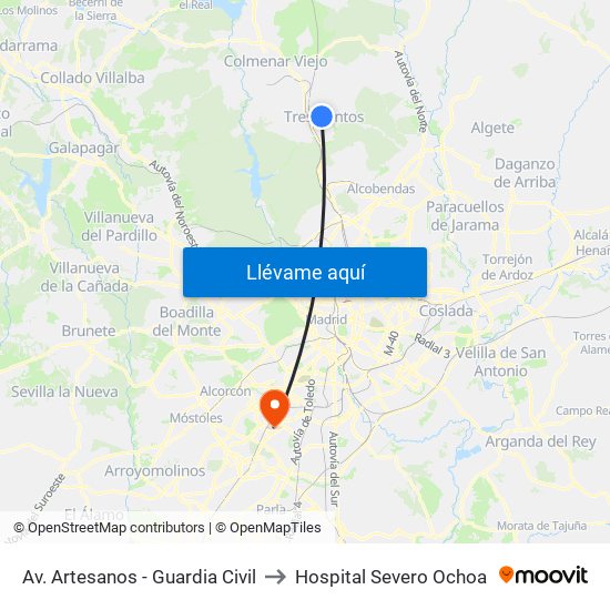 Av. Artesanos - Guardia Civil to Hospital Severo Ochoa map