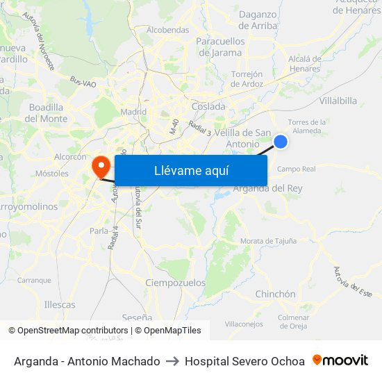 Arganda - Antonio Machado to Hospital Severo Ochoa map