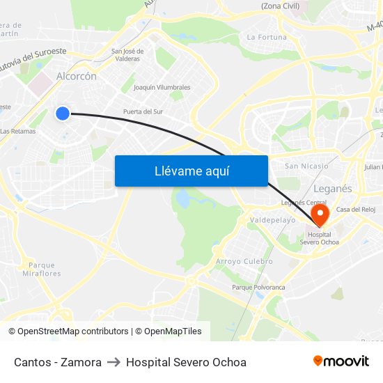 Cantos - Zamora to Hospital Severo Ochoa map