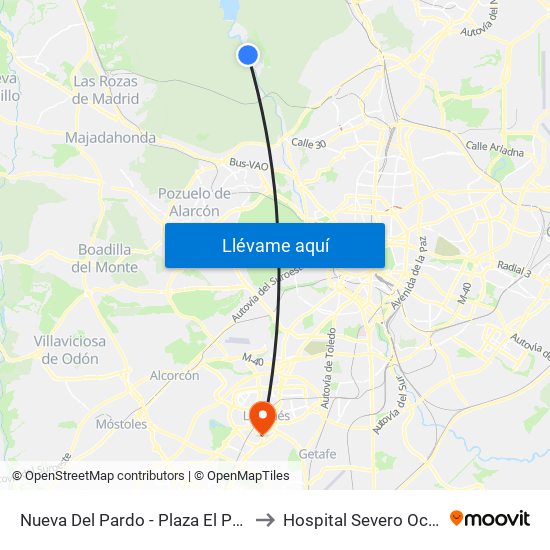 Nueva Del Pardo - Plaza El Pardo to Hospital Severo Ochoa map