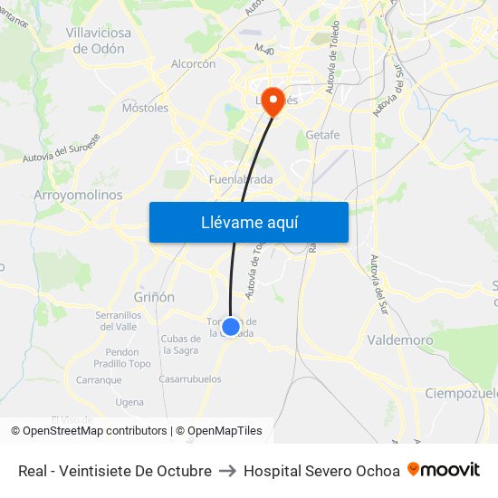 Real - Veintisiete De Octubre to Hospital Severo Ochoa map