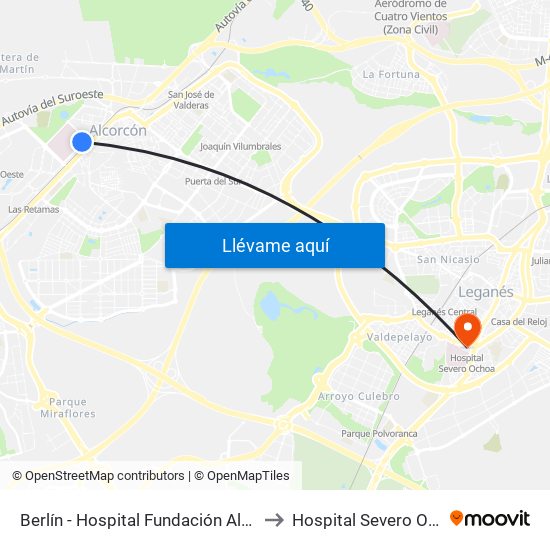 Berlín - Hospital Fundación Alcorcón to Hospital Severo Ochoa map