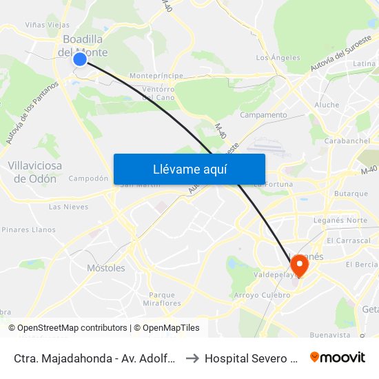 Ctra. Majadahonda - Av. Adolfo Suárez to Hospital Severo Ochoa map