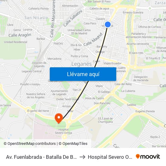 Av. Fuenlabrada - Batalla De Brunete to Hospital Severo Ochoa map