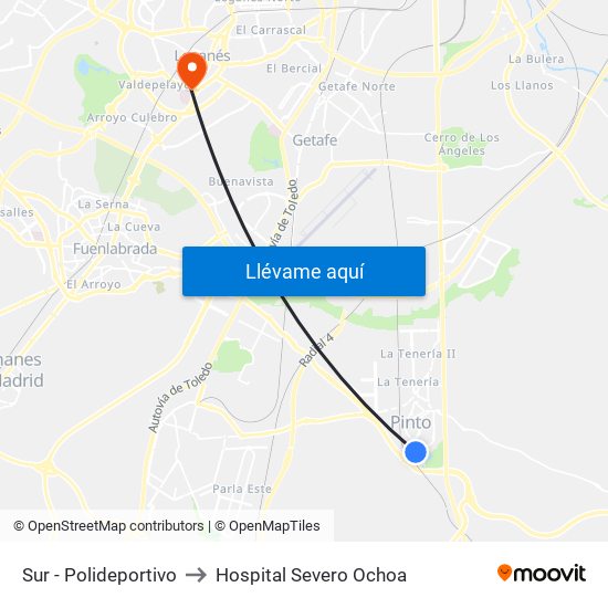Sur - Polideportivo to Hospital Severo Ochoa map