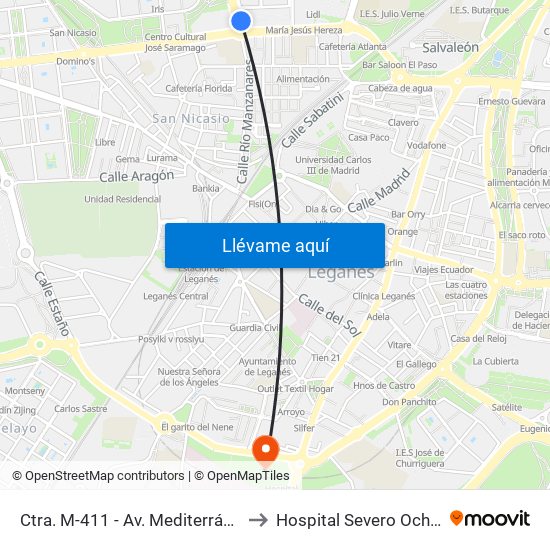 Ctra. M-411 - Av. Mediterráneo to Hospital Severo Ochoa map