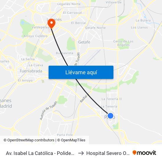 Av. Isabel La Católica - Polideportivo to Hospital Severo Ochoa map
