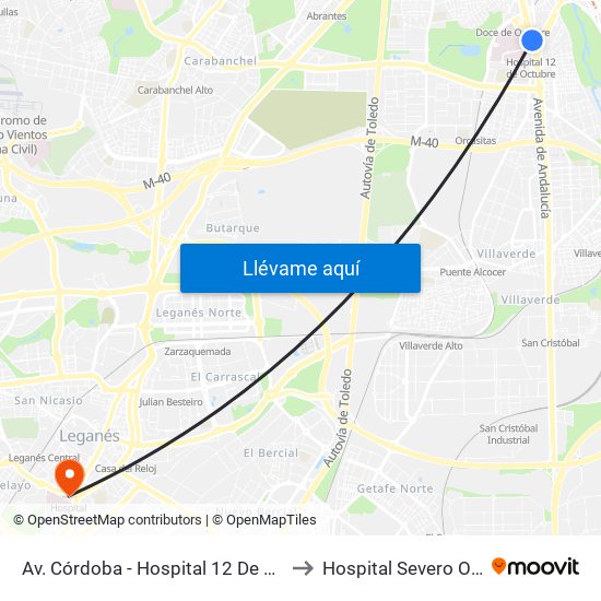 Av. Córdoba - Hospital 12 De Octubre to Hospital Severo Ochoa map
