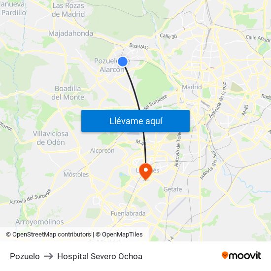 Pozuelo to Hospital Severo Ochoa map