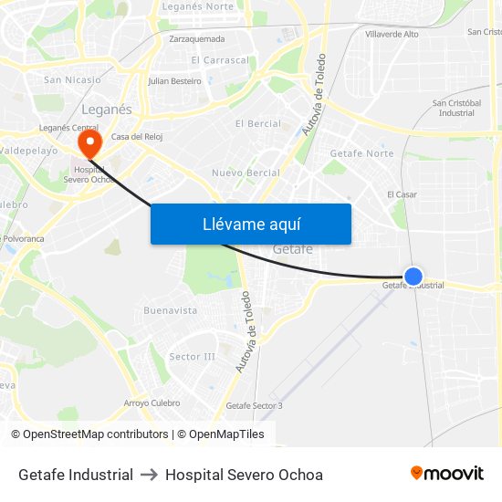 Getafe Industrial to Hospital Severo Ochoa map