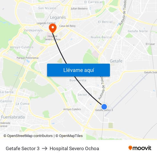 Getafe Sector 3 to Hospital Severo Ochoa map