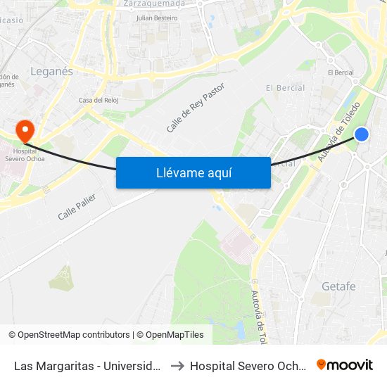 Las Margaritas - Universidad to Hospital Severo Ochoa map
